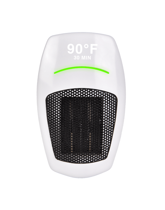 White plug-in ceramic heater with a display reading 90 degrees and 30 minutes.